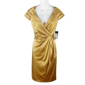 NWT Jones New York Gold Satin Pleating Detail Sheath Cocktail Dress 10
